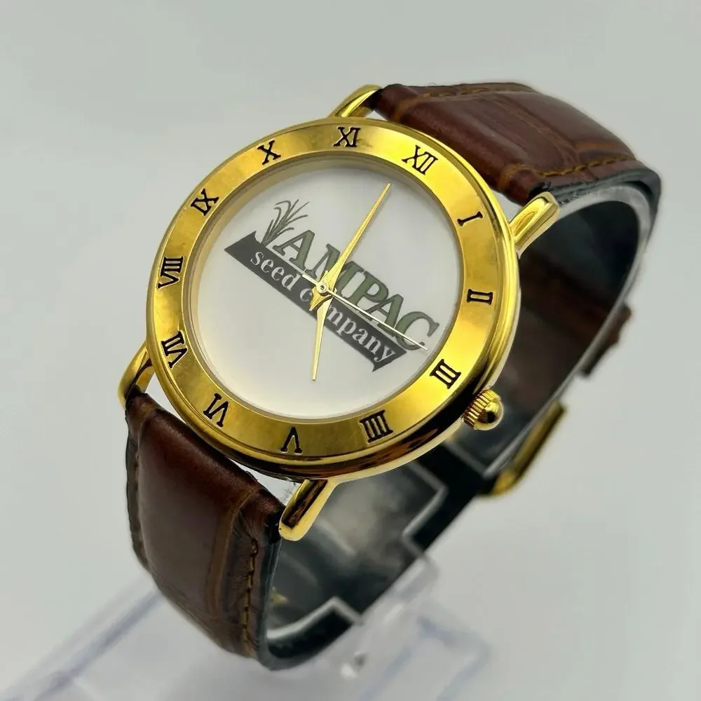Ampac Seed Company Gold-tone Bezel Brown Leather Watch Working New Battery